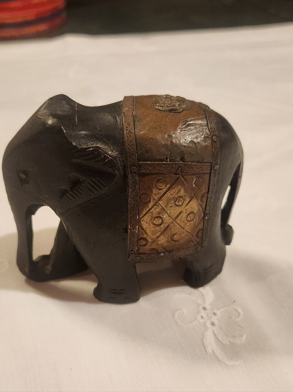 Hand Made Wooden Elephant With Brass & Copper Work. 3" x 4".